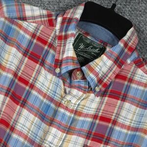 Woolrich Plaid Shirt Mens Large Red Blue Organic Cotton Short Sleeve Button Down